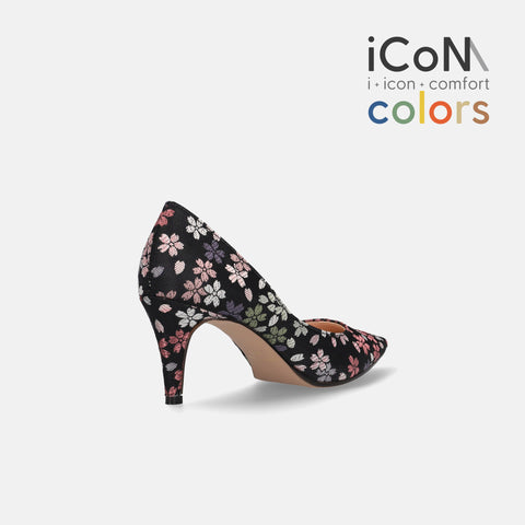 15%OFF：2025SS：iCoN COLORS：ポインテッドトゥ 和柄 パンプス（C76536）ブラック桜/mamian（マミアン）