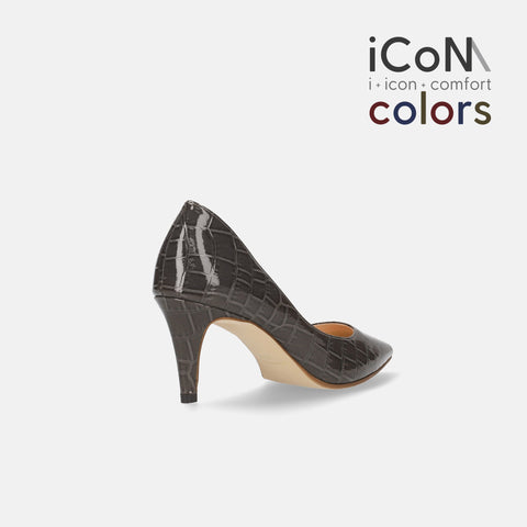 20%OFF：iCoN COLORS：ポインテッドトゥ クロコ型押し パンプス（C76534）チャコールCR/mamian（マミアン）