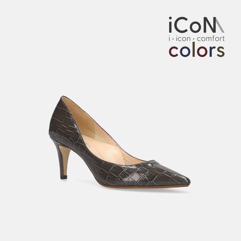 20%OFF：iCoN COLORS：ポインテッドトゥ クロコ型押し パンプス（C76534）チャコールCR/mamian（マミアン）