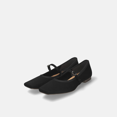 予約：2025AW：スクエアトゥ メリージェーン フラット（m10310）ブラックサテン