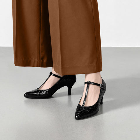 2025AW：Tストラップ パンプス 5cmヒール（m55201）ブラックCR/mamian（マミアン）