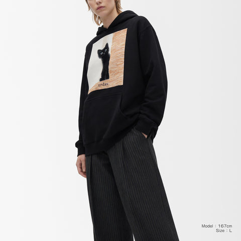 予約：urday【cat】アートワークスウェットプルパーカ（u-a-spk-0001-05）ブラック